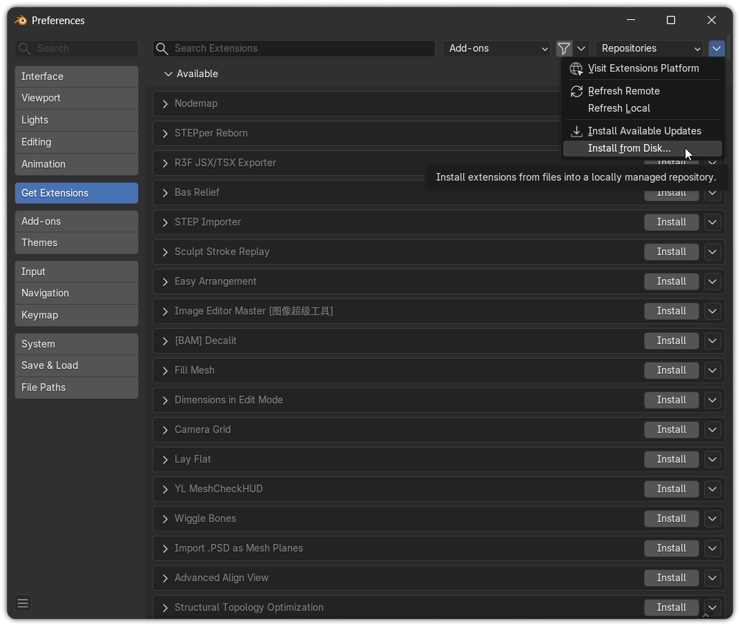 The “Install from Disk…” menu in Get Extensions
