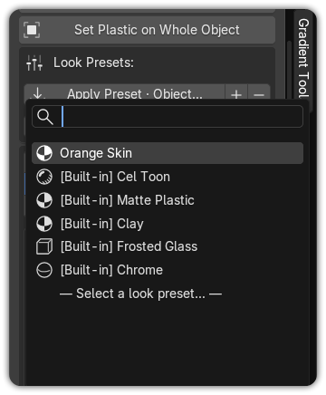 The Material Look preset picker — a searchable popup of built-in and saved looks