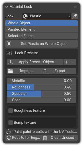 The Material Look panel — pick a look and tune its parameters