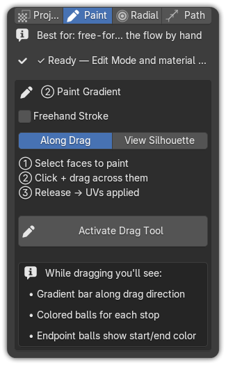 The Paint tab — Freehand Stroke, projection mode and mirror options
