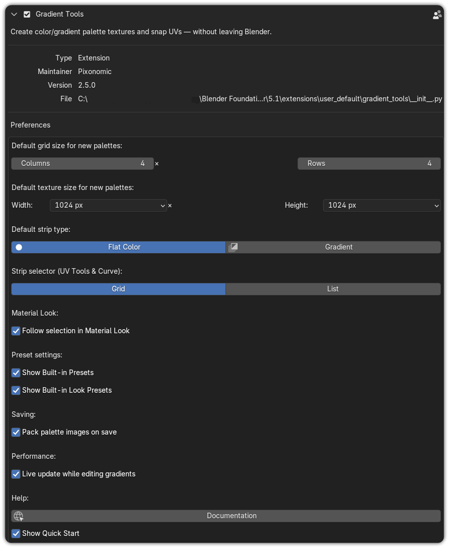 The Gradient Tools add-on preferences