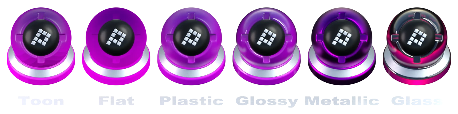 The six looks — Toon, Flat, Plastic, Glossy, Metal and Glass — on one object, same palette colour